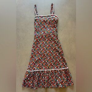 Size S vintage Italian floral maxi milkmaid dress with lace adjustable waist tie
